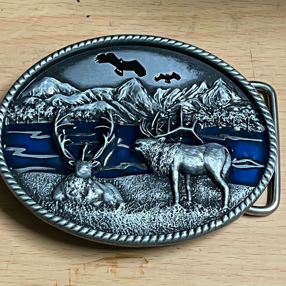 Men Belt Buckle Jeans Friend Antique Silver Blue Enamel Moose - Picture 5 of 5